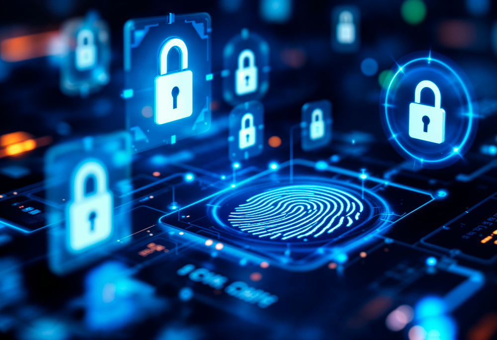 Digital security concept with lock icons and fingerprint authentication